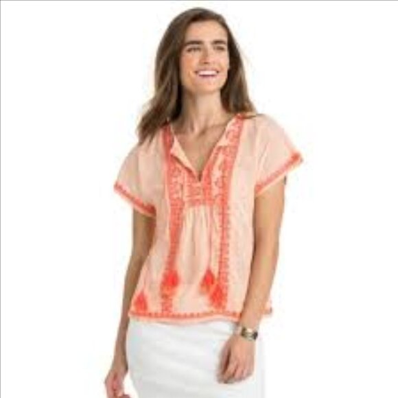 Vineyard Vines Shirt Womens Medium Pink Orange Embroidered Boho Peasant Resort - Picture 1 of 15
